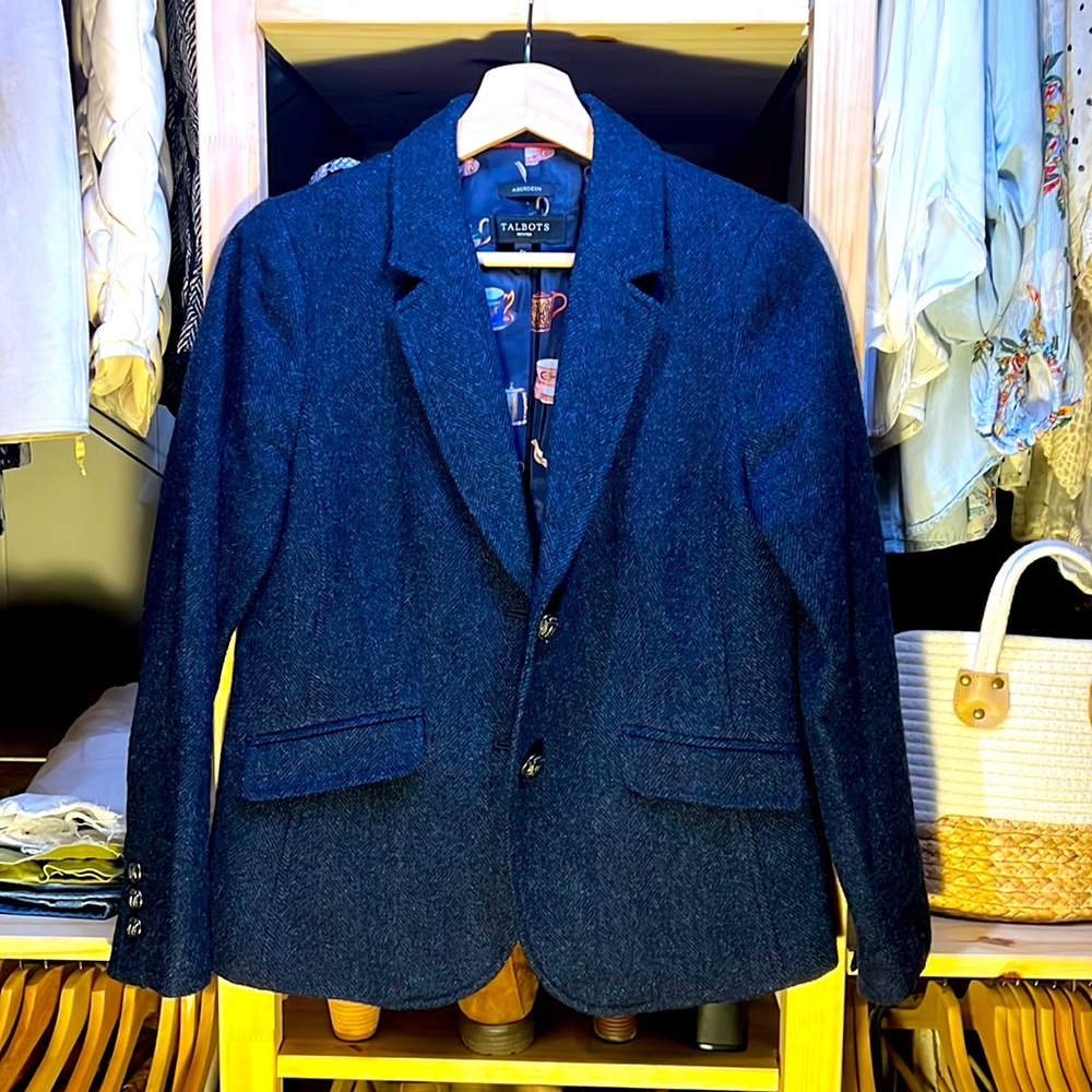 Talbots Aberdeen navy blue tweed wool herringbone blazer